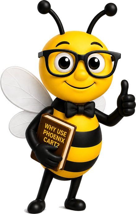 BusyBee mascot holding a Why Use Phoenix Cart book