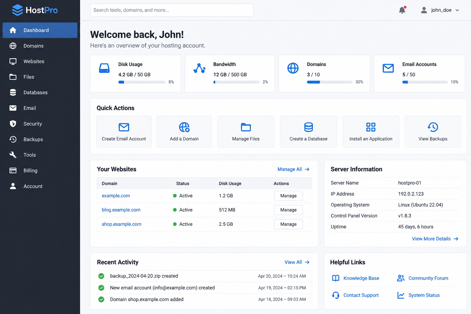 Example hosting control panel for checking Phoenix Cart hosting requirements