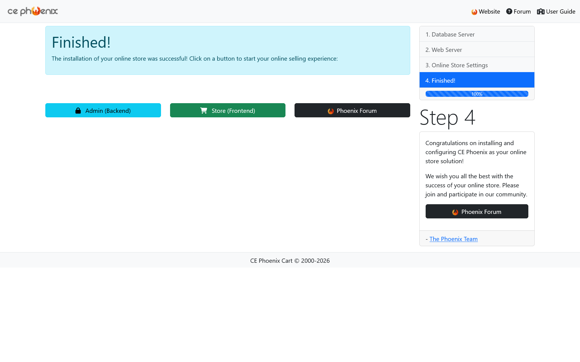 Phoenix Cart Installer Page 5 Installation Complete