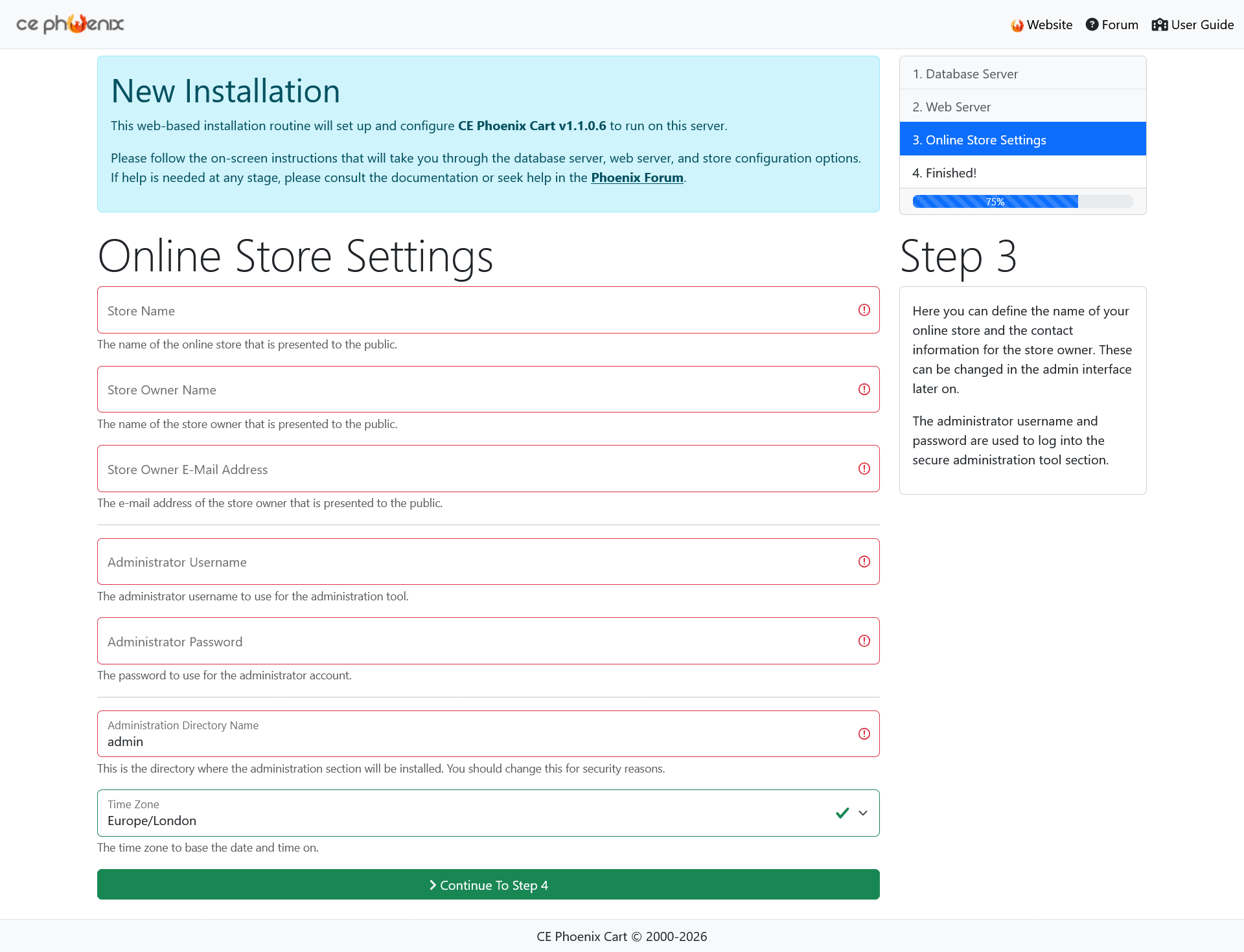 Phoenix Cart Installer Page 4 Add Store Owner Information