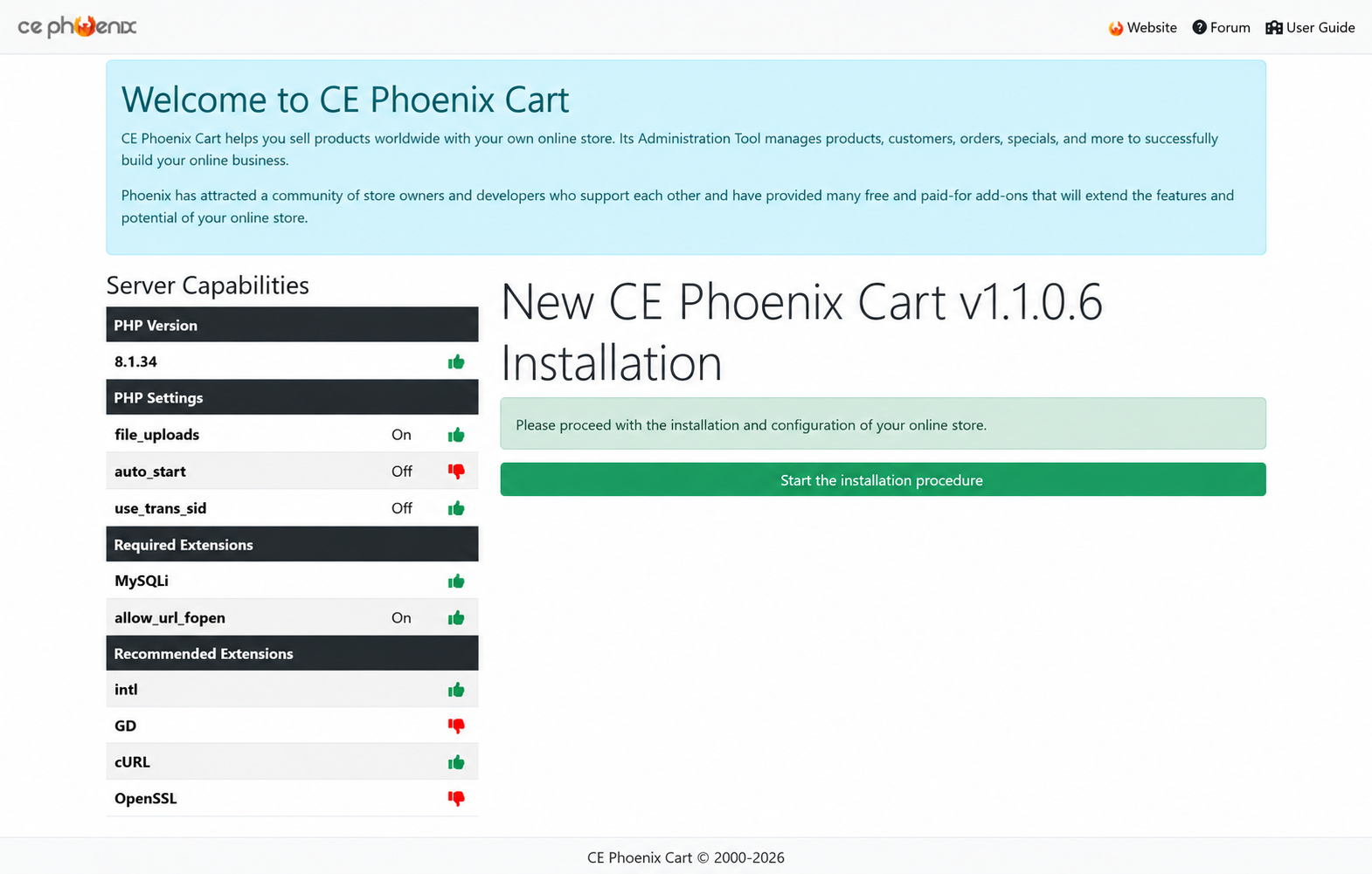Phoenix Cart Installer Page 1 Server Check Errors
