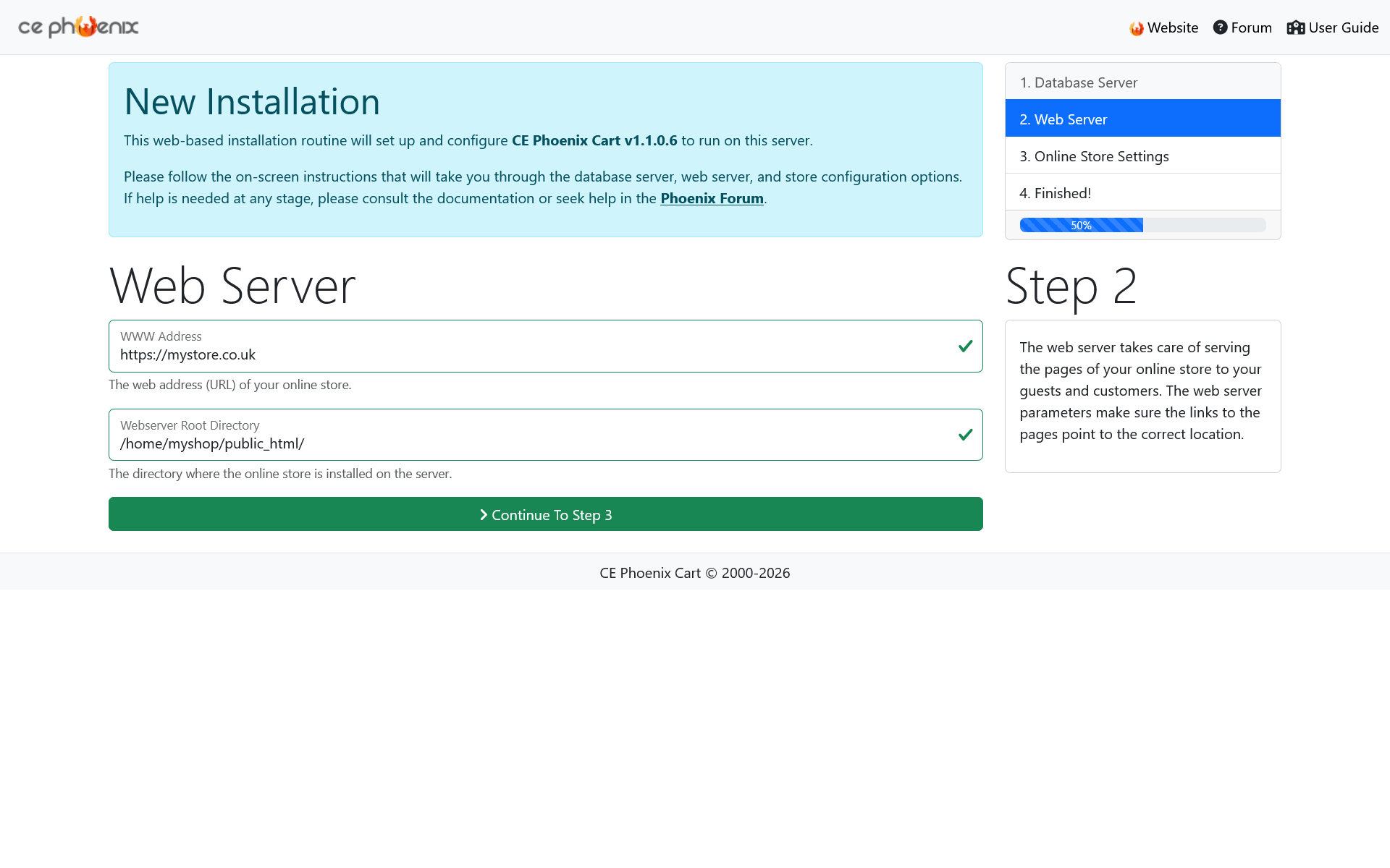 Phoenix Cart Installer Page 3 Web Server Information