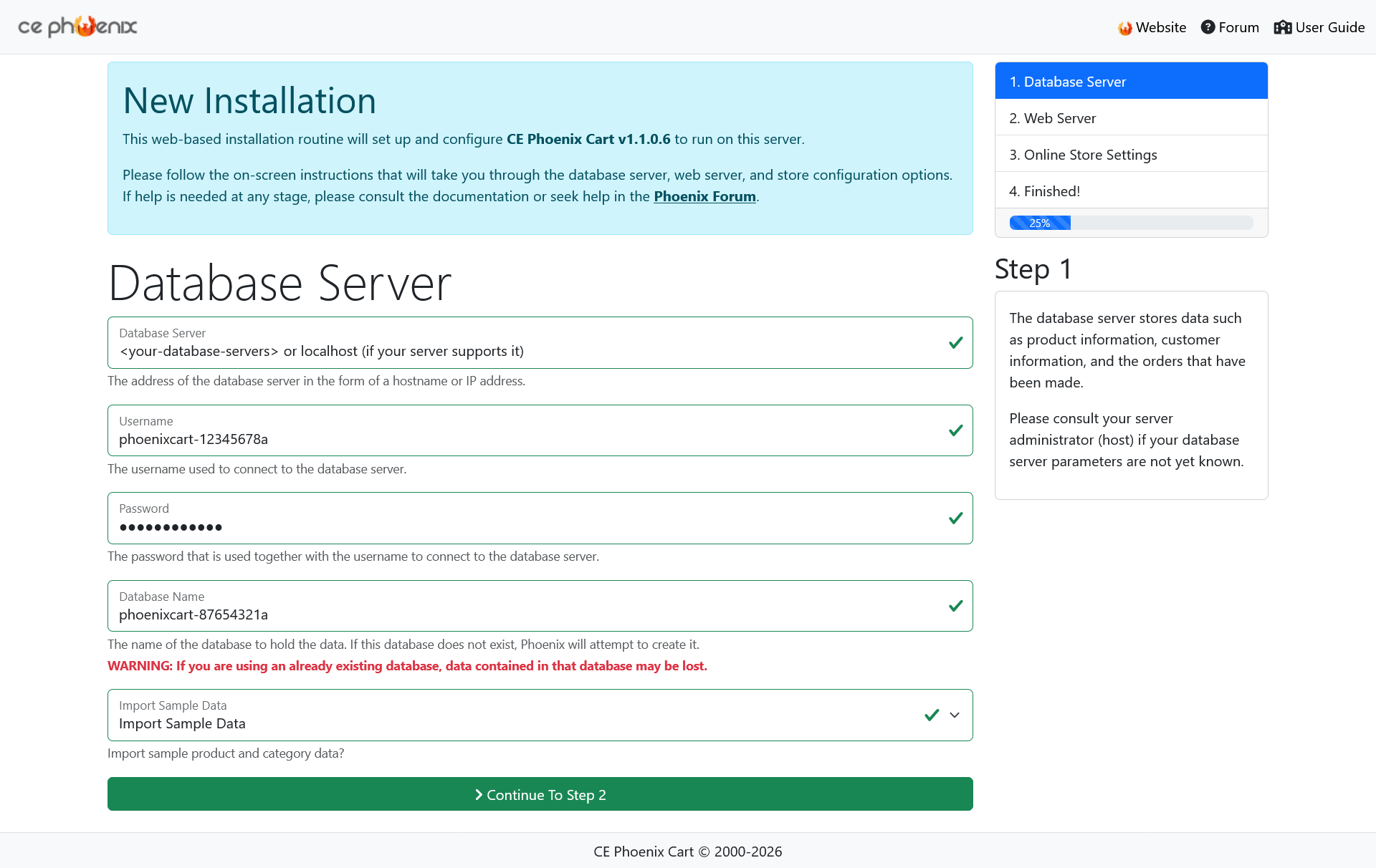 Phoenix Cart Installer Page 2 Database Selection